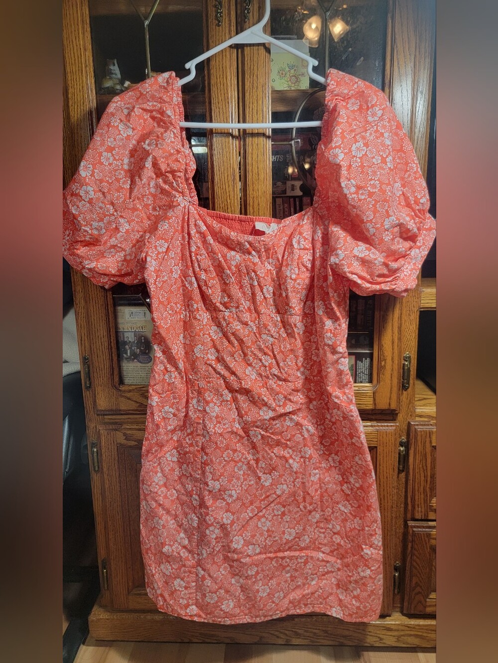 Forever That Girl Coral Puff-Sleeve Floral Midi Dress Size Medium